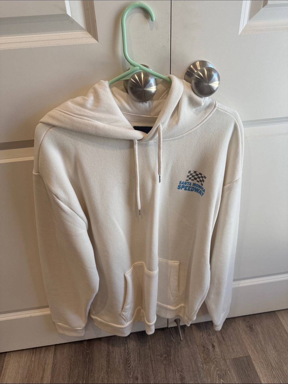 Hollister Cream Pullover Hoodie with Blue Speedway Chest Logo